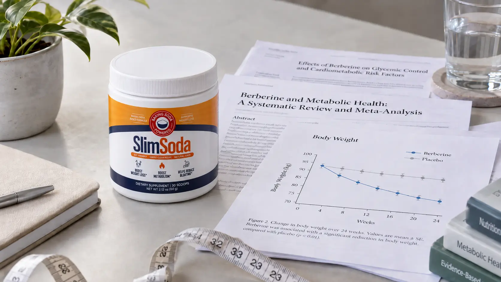 Berberine weight loss evidence with research papers, supplement bottle and measuring tape