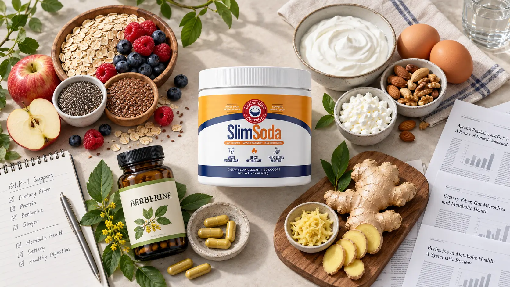 Natural GLP-1 supplement evidence comparing fiber, protein, berberine and ginger