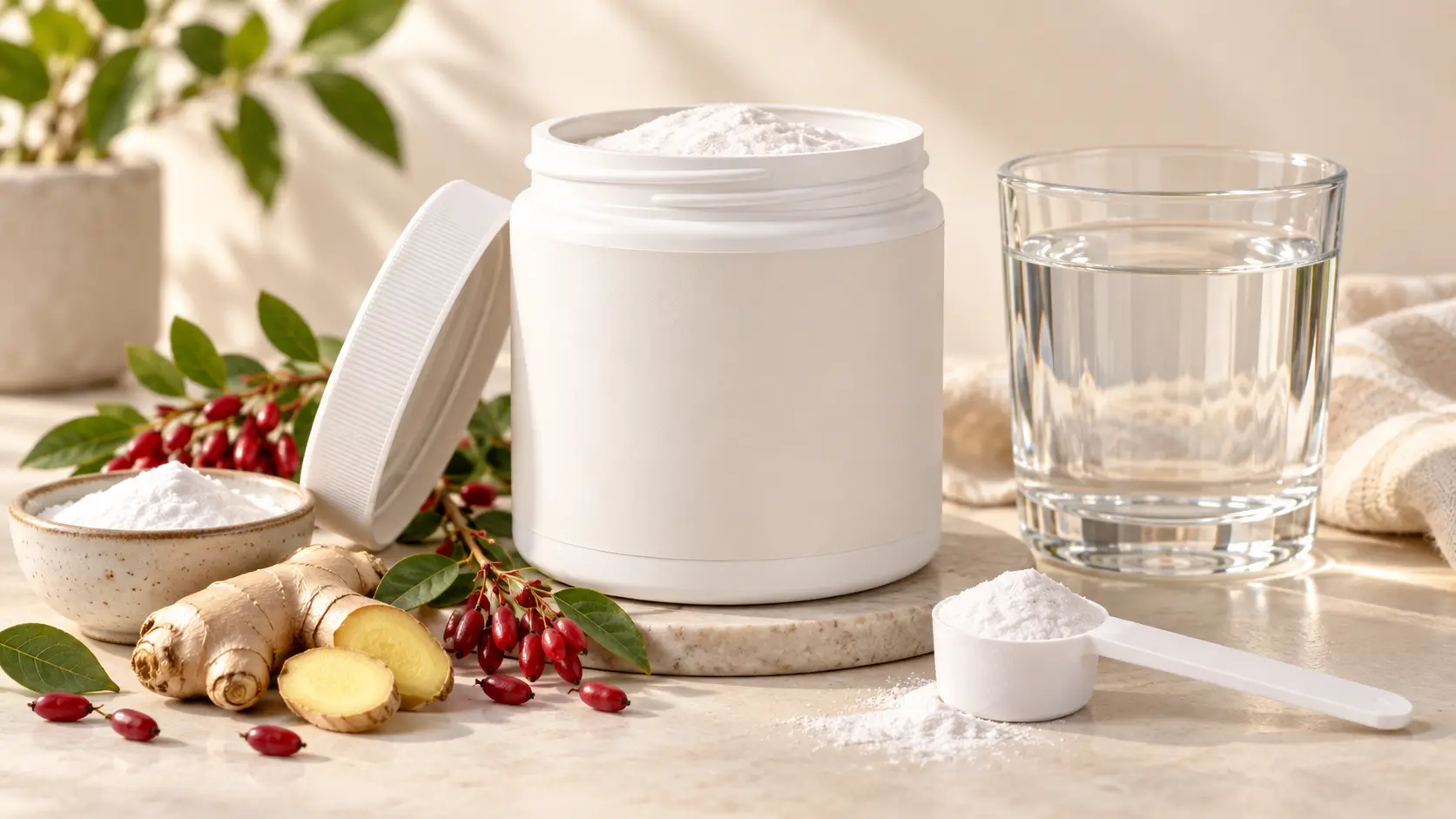SlimSoda powder beside water with baking soda, ginger, and berberine ingredients