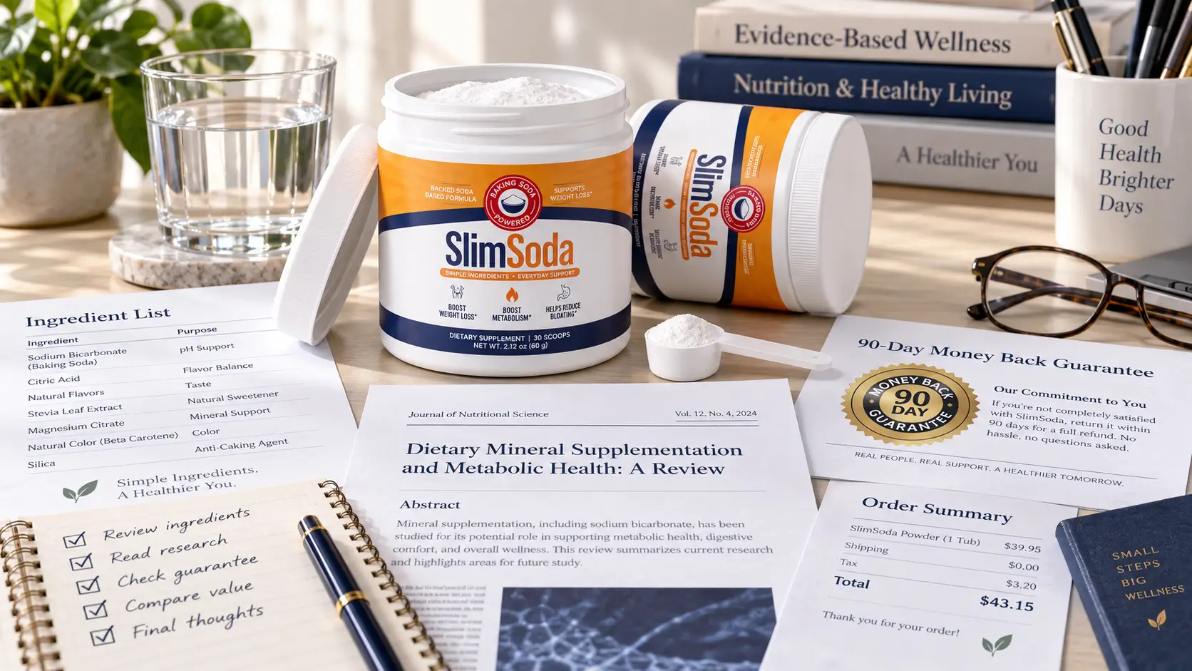 SlimSoda review checklist showing ingredients, research, guarantee, and checkout terms